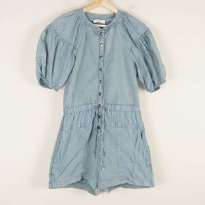 Ulla Johnson Owen Puff Sleeve Poplin Fleece Mix Blue Snap Button Romper Sz M